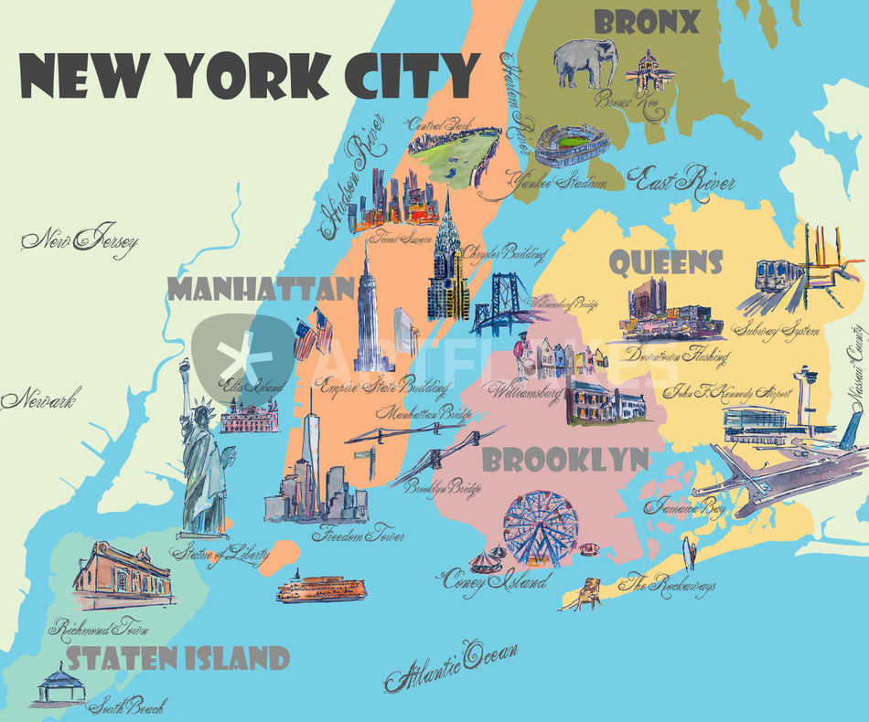 "Greater New York Retro Vintage Karte mit touristischen Highlights
