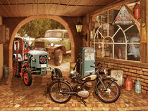 Nostalgie-Werkstatt mit Traktor und Motorrad by Monika Juengling