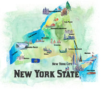 USA New York State Travel Poster Map with tourist highlights by M.  Bleichner