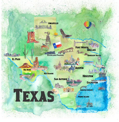 Usa-texas-travel-poster-map-with-highlights-and-favoritesl