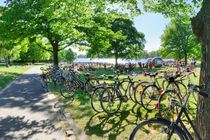 Fahrräder am sommerlichen Aasee in Münster mit Aaseekugeln von Christian Kubisch