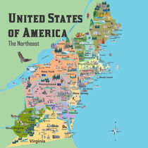 USA Nordoststaaten Bunte Reisekarte VA WV MD PA NY MS CT RI VE DE NJ mit Highlights und Favoriten von M.  Bleichner