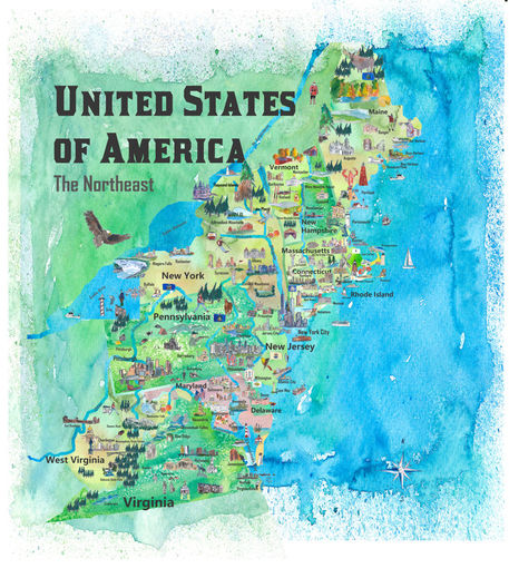 Usa-northeast-states-travel-map-va-wv-md-pa-ny-ms-ct-ri-ve-de-nj-with-highlightss
