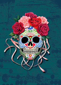 Mexican Roses Skull on distressed, teal colored, wall by Colette van der Wal