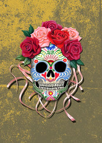 Mexican Roses Skull on yellow colored distressed wall von Colette van der Wal