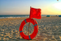 red flag with a lifebuoy on the beach by mnwind