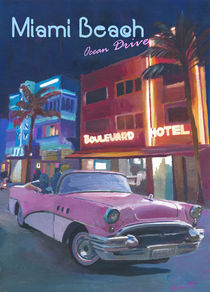 Miami Ocean Drive Convertible Night Retro Poster by M.  Bleichner