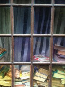 Bücher liegen hinter einer Fensterscheibe in einem Antiquariat. von Jürgen Schwarz