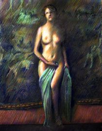 Nude standing in front of tapestry (2012) by Corne Akkers