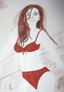 Ich bin ein Mannequin - Acrylmalerei - Spachtel-Mischtechnik auf Leinwand - Frau im Bikini - DesignKunstwerk - braun-weiß-rot-farbig von Heide Pfannenschwarz