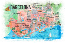 Barcelona Katalonien Spanien Illustriertes Reiseposter Favoritenkarte Touristische Highlights by M.  Bleichner