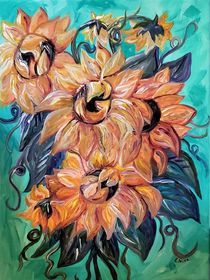 Sunflowers on a Teal and Blue Background by eloiseart