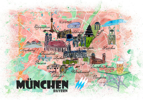Munchen-bayern-illustrated-map-with-main-roads-landmarks-and-highlightsm
