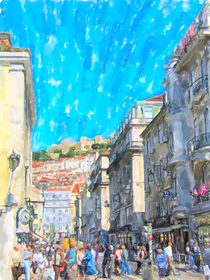 Cityscape of Lisbon district Baixa with its stores and houses. People walking around. by havelmomente