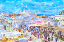 illustration of Greek Island Santorini town names Ia. People walking through the town by havelmomente
