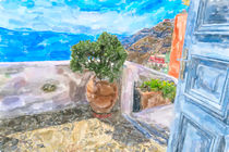 Greek Island Santorini town Fira. Open door with flower pot and view into the caldera of Santorini. von havelmomente