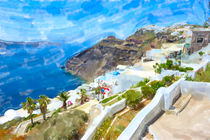 Illustration of Greek Island Santorini town Fira and the caldera sea scape. by havelmomente