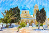 illustration of Greek Island Santorini town names Ia. Yellow Saint George Church. by havelmomente