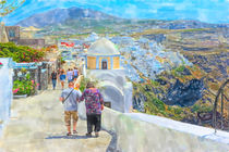Illustration of Greek Island Santorini town Fira. People walking through the cityscape. by havelmomente