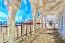 illustration of Greek Island Santorini town Fira. Fence of Orthodox Metropolitan Cathedral. by havelmomente