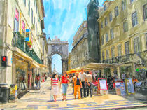 Illustration of Cityscape of Lisbon district Baixa with its stores and houses. People walking around. by havelmomente