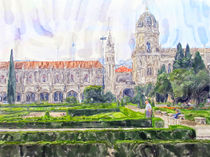 illustration of the Hieronymites Monastery in Lisbon Portugal. In front small garden area. by havelmomente