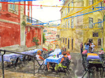 Illustration of Lisbon traditional restaurant in town district names Chiado. People sitting on table. view over the city. von havelmomente