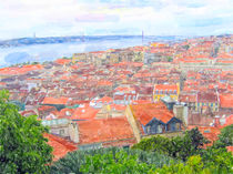 Illustration of Lisbon. Aerial view over districts Baixa Chiado til Belem with the Bridge at Tejo river. by havelmomente