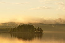 Golden haze is rising over a tiny wooded island in a glassy lake at sunrise by Intensivelight Panorama-Edition