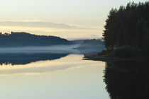 Mist is rising over a quiet forest lake at dusk von Intensivelight Panorama-Edition