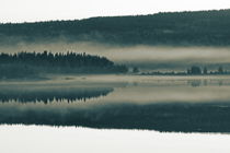 Mist is rising from the wooded shore of a smooth lake at dusk - duotone by Intensivelight Panorama-Edition