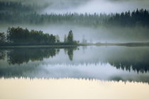 Hazy autumn forest at the shore of a lake is reflected in the smooth water by Intensivelight Panorama-Edition