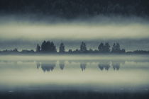 Rising mists and trees are reflected in a glassy lake at dusk - duotone by Intensivelight Panorama-Edition