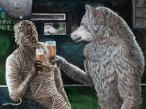 Mummy and Werewolf Drinking Beer Celebrating Fantasy Art von Ted Helms