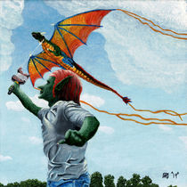Goblin Child Flying Rainbow Dragon Kite Fantasy Art von Ted Helms