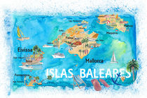 Balearen Illustrierte Reisekarte mit Mallorca Ibiza Menorca Sehenswürdigkeiten und Highlights by M.  Bleichner