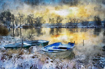 Aquarell. Winter am Fluss Havel in Land Brandenburg. Boot am Fluss. von havelmomente
