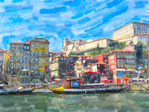 Cityscape of Porto in portugal with Douro river and boats. water color illustration. by havelmomente