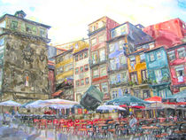 Cityscape of Porto in portugal with restaurant outside and traditional houses. water color illustration. von havelmomente