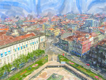Cityscape of Porto in portugal with street and traditional houses. water color illustration. by havelmomente