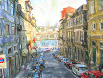 Cityscape of Porto in portugal with street and traditional houses. water color illustration. by havelmomente