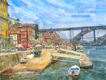 Cityscape of Porto in portugal with Douro river and boats. water color illustration. von havelmomente