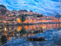 Cityscape of Porto in portugal with Douro river and boats. Twilight. water color illustration. von havelmomente