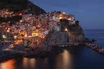 Bay with colourful houses of village Manarola in Cinque Terre during night with street lights, Italy by Bastian Linder