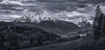 Snow covered mountain peak panorama of Watzmann and city Berchtesgaden with dramatic clouds, Bavaria by Bastian Linder