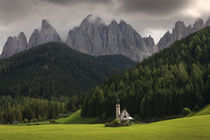 Mountain panorama with church St. Johann in St. Magdalena, Val Di Funes, Dolomite Alps, Italy by Bastian Linder