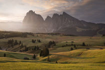 Sunrise at Seiser Alm with meadows and mountain range in the European Dolomite Alps, South Tyrol Italy by Bastian Linder