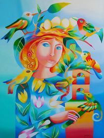 Woman with birds by Mairim Perez Roca