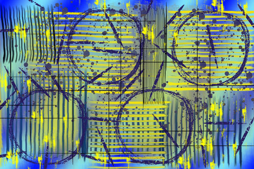 Abstrakte-kunst-blau-gelb-linien-kreise-spritzer