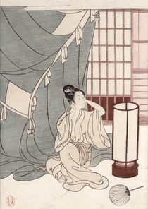 Young woman kneeling by her mosquito net by Suzuki Harunobu